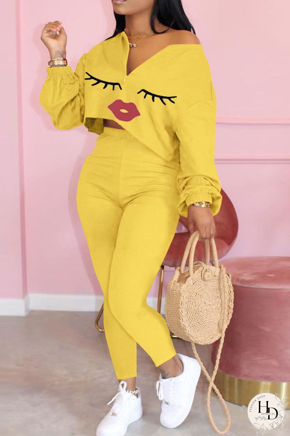 Yellow Sexy Print Lips Print pencil Long Sleeve Two Pieces