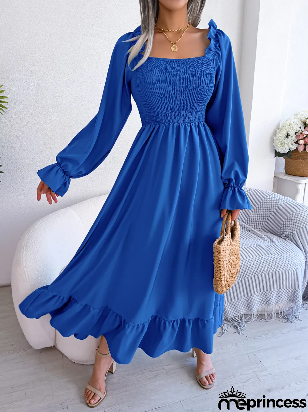 Women Casual Square Neck Bell Bottom Ruffle Maxi Dress