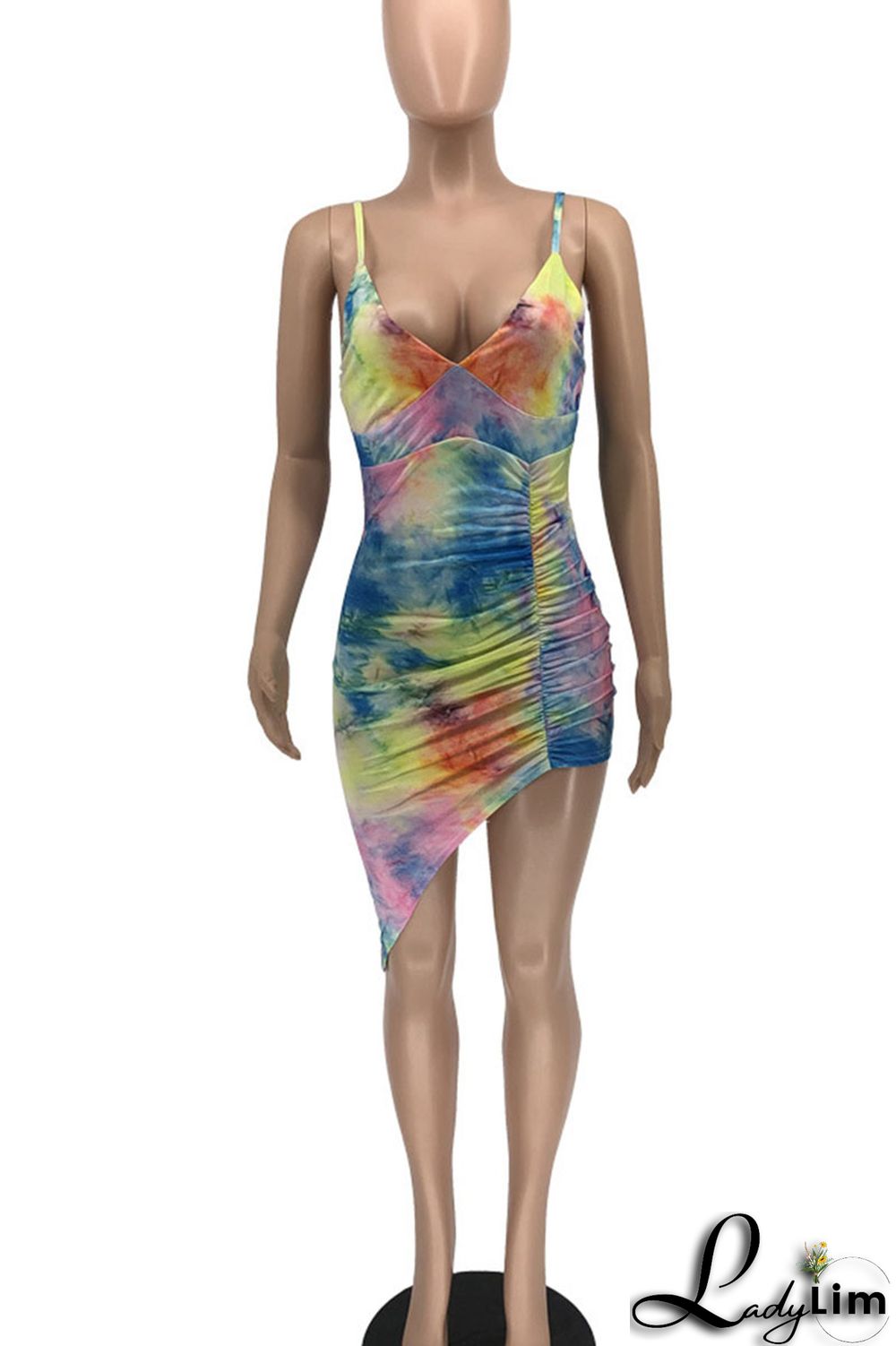 Colour Sexy Print Patchwork Asymmetrical Spaghetti Strap Sling Dress Dresses