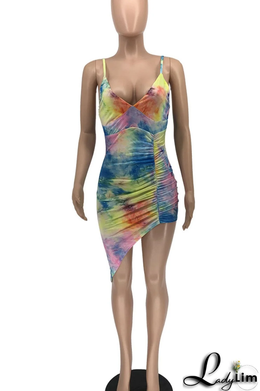 Colour Sexy Print Patchwork Asymmetrical Spaghetti Strap Sling Dress Dresses