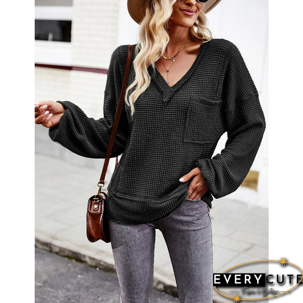 Black V Neck Waffle Pocket Long Sleeve Tops