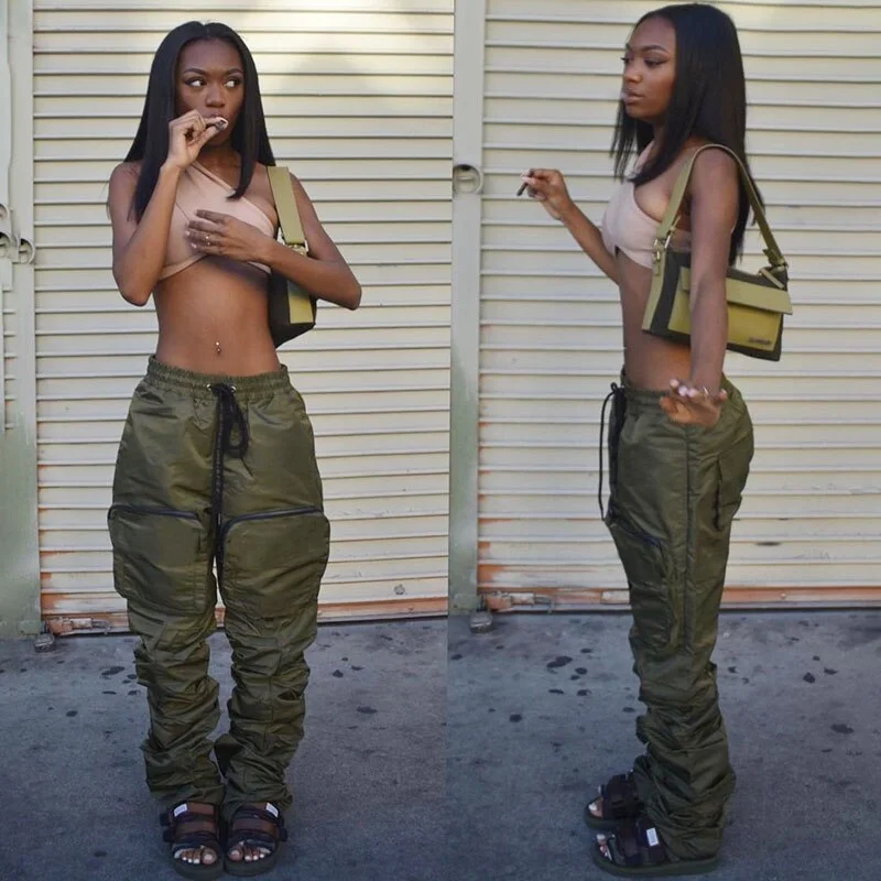 BIIKPIIK Workout Overalls Female Cargo Pants Oversized Solid Low Waist Drawstring Casual Trousers Baggy Pockets Retro Streetwear