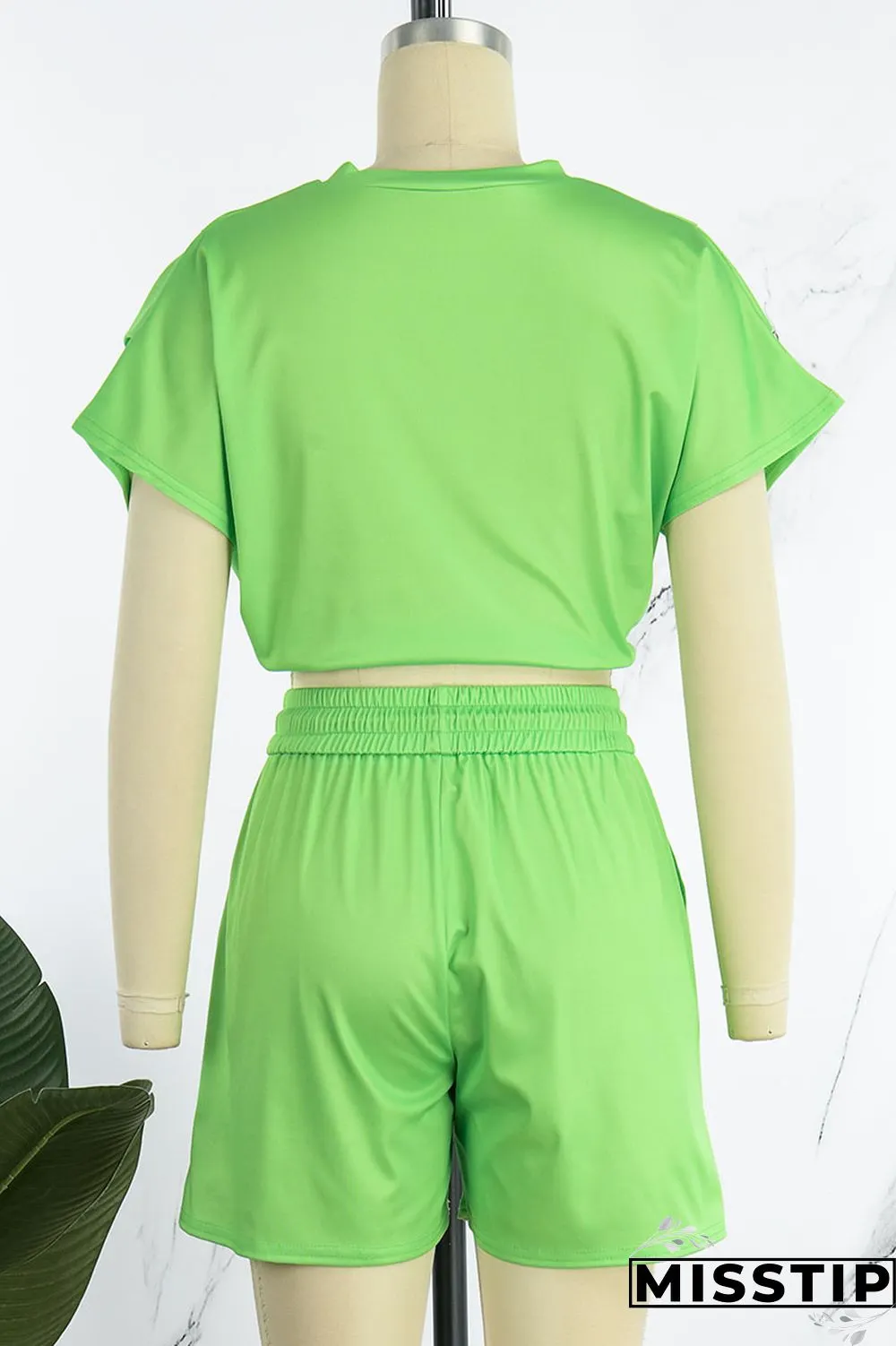 Green Casual Print Patchwork Draw String O Neck Short Sleeve Two Pieces