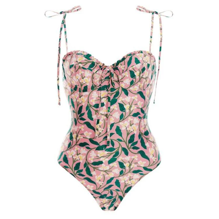 Flaxmaker Plus Size Bowknot Tie-shoulder Floral Print One Piece Swimsuit and Sarong