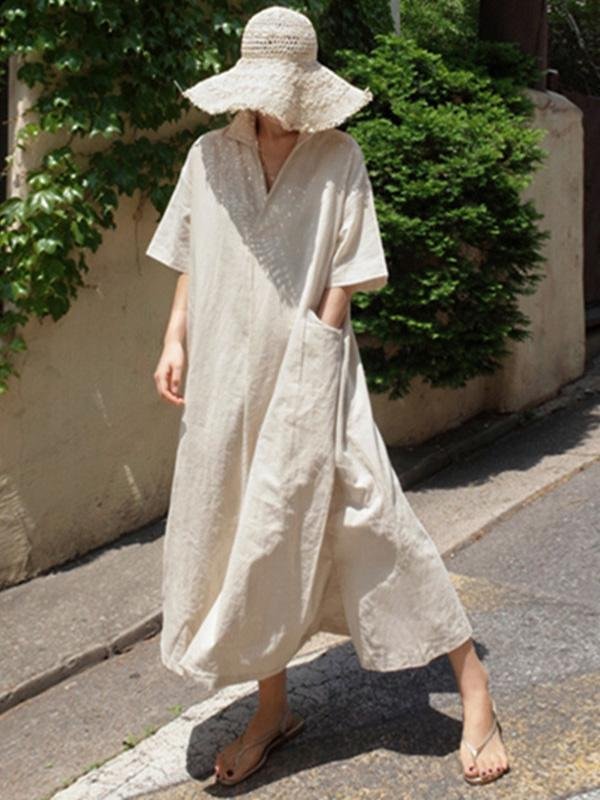 Casual V-Neck Cotton Split-Side Midi Dress