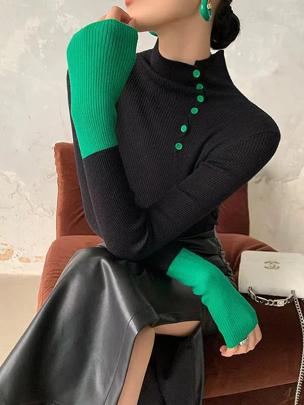 Long Sleeves Skinny Contrast Color Split-Joint High Neck Sweater Tops