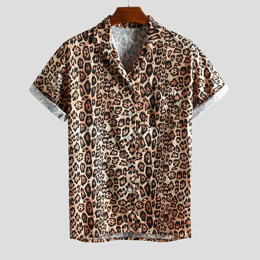 Summer Mens Shirt Top Casual Short Sleeve Hawaiian Shirts Turn Down Collar Leopard Print Shirt Men Dress Male Clothing Tops
