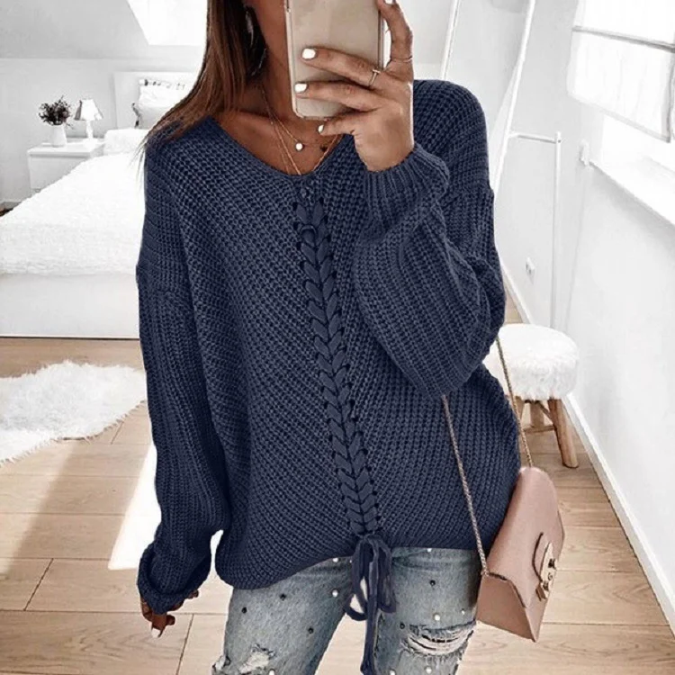 Wongn Wongn New Women Long Sleeves Loose V Neck Rope Exposed Back Jumper Knit Sweater Women's Clothing