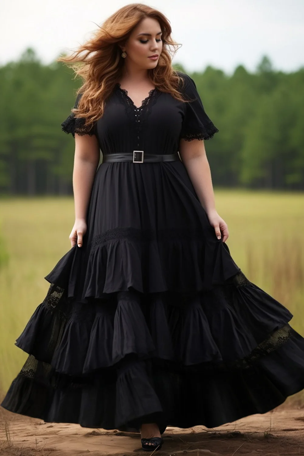 chinese dress ladies Plus Lace Bodice Contrast Layered Mesh Hem Prom Dress Black / 4XL