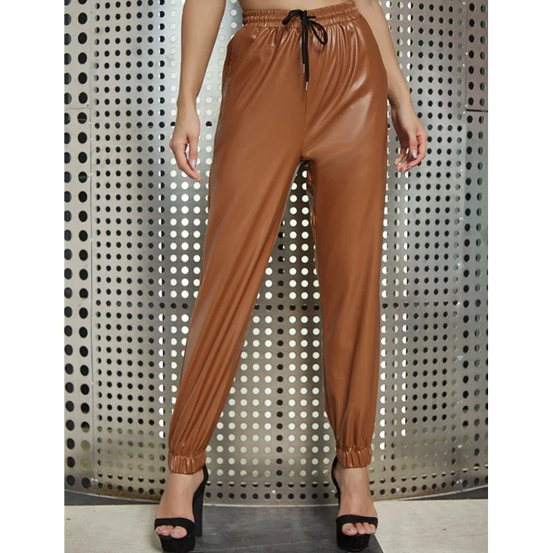 2020 Fall Winter PU Leather Pants Drawstring Bottoms Solid Color High Waist Tights Harem Pants with Pockets Women Trousers