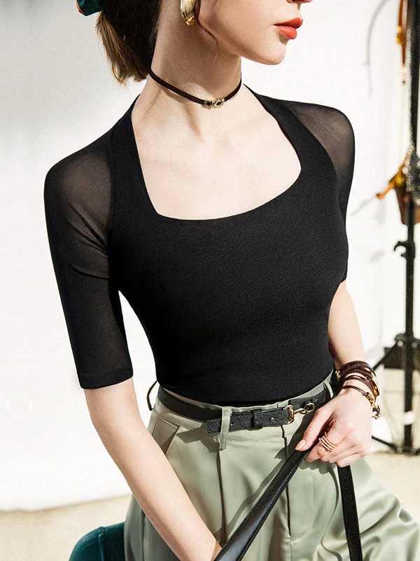 Simple Solid Color Square-Neck Half Sleeves Shirt