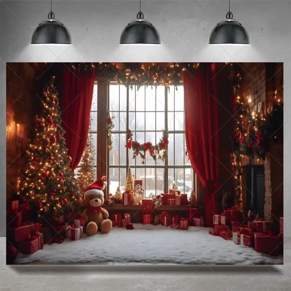 Tegooe Christmas Photography Backdrop Festive Fireplace Xmas Tree Background Banner for Holiday Party Decor Photo Booth Prop