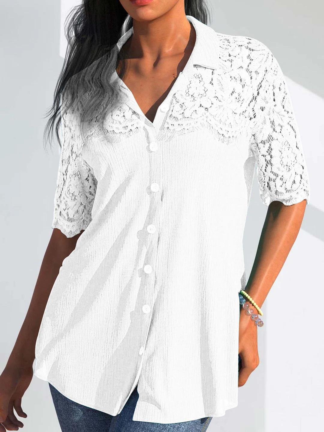 Women plus size clothing Women's Short Sleeve V-neck Lace Stitching Tassels Shirt-Nordswear