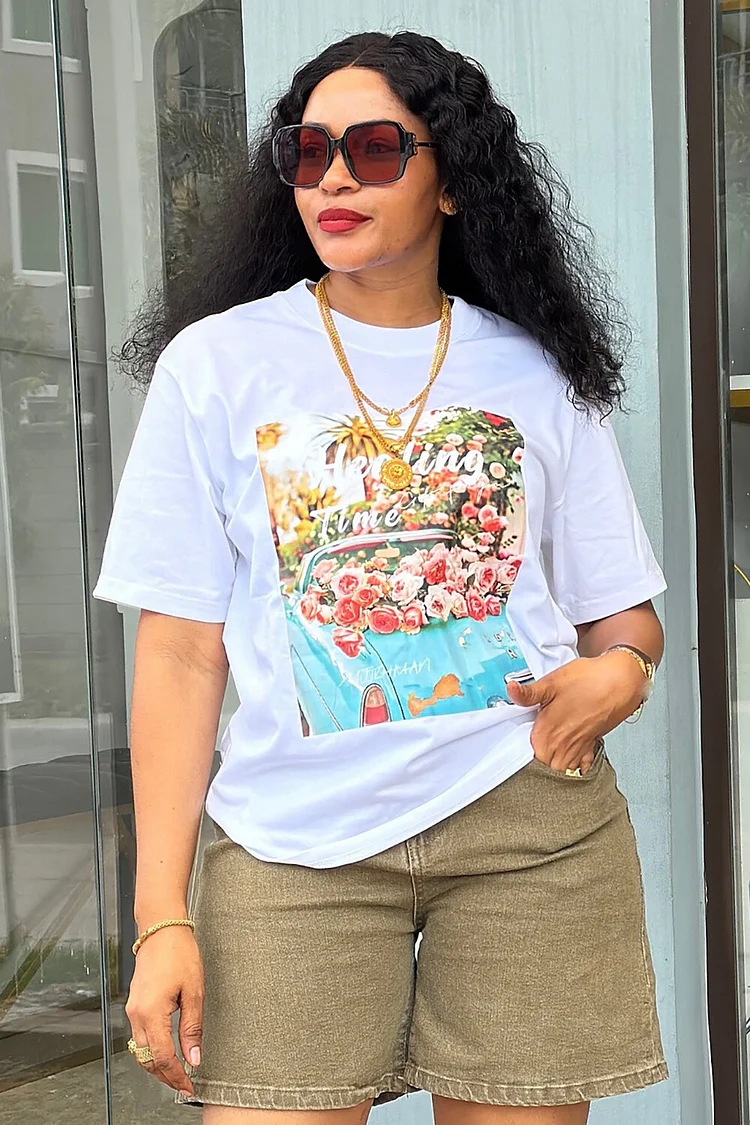Letter Floral Print Short Sleeve Round Neck T-shirt-White