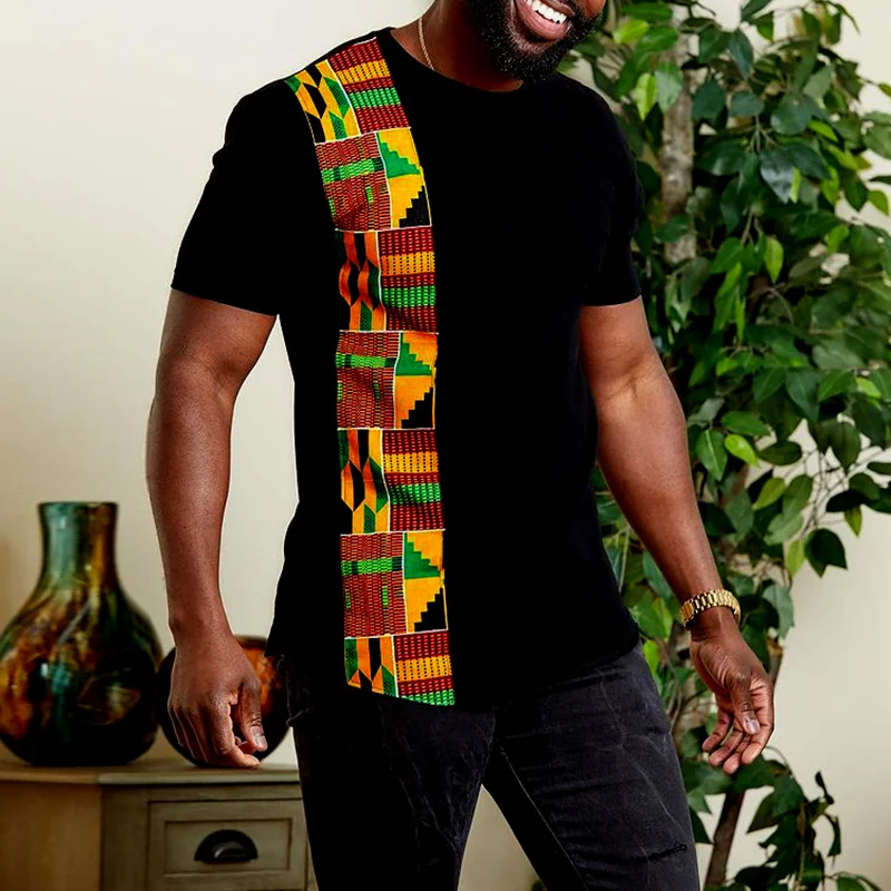 Round Neck Africanstyles Stitching Printing Short Sleeve T Shirt