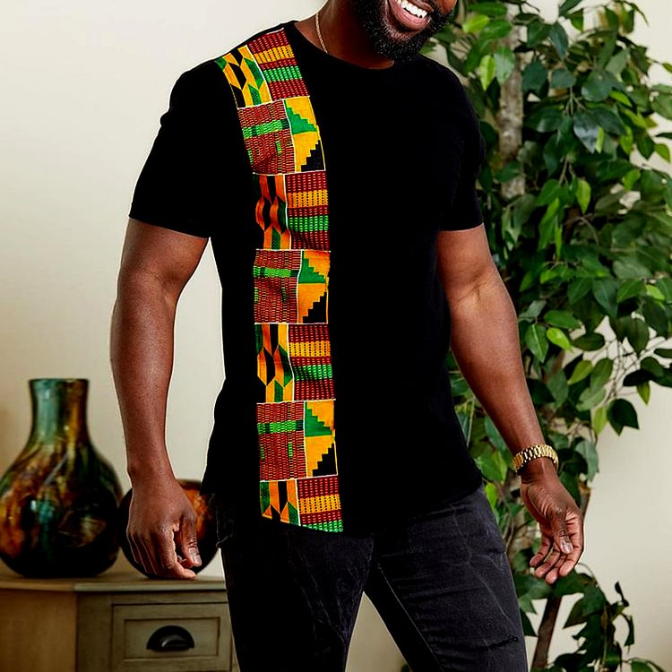 BrosWear Round Neck Africanstyles Stitching Printing Short Sleeve T Shirt