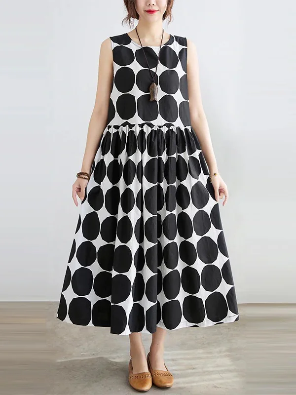 Original Loose Polka-Dot Pleated Sleeveless Midi Dress