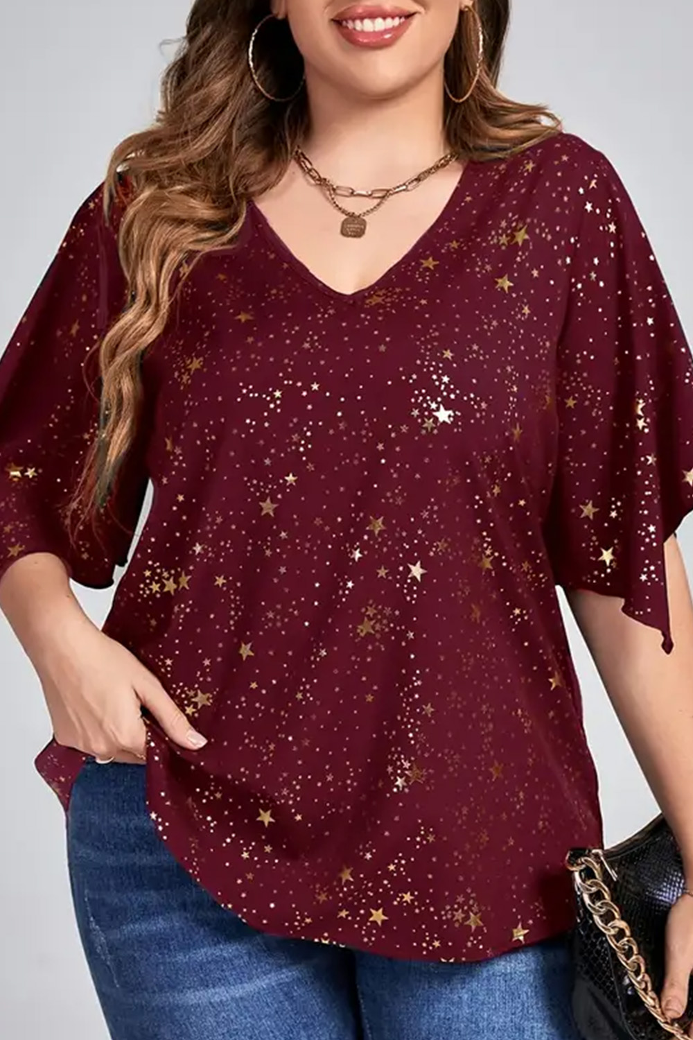 Flycurvy Plus Size Christmas Burgundy Sparkly Bronzing Print V Neck Blouse 2024 - Flycurvy 