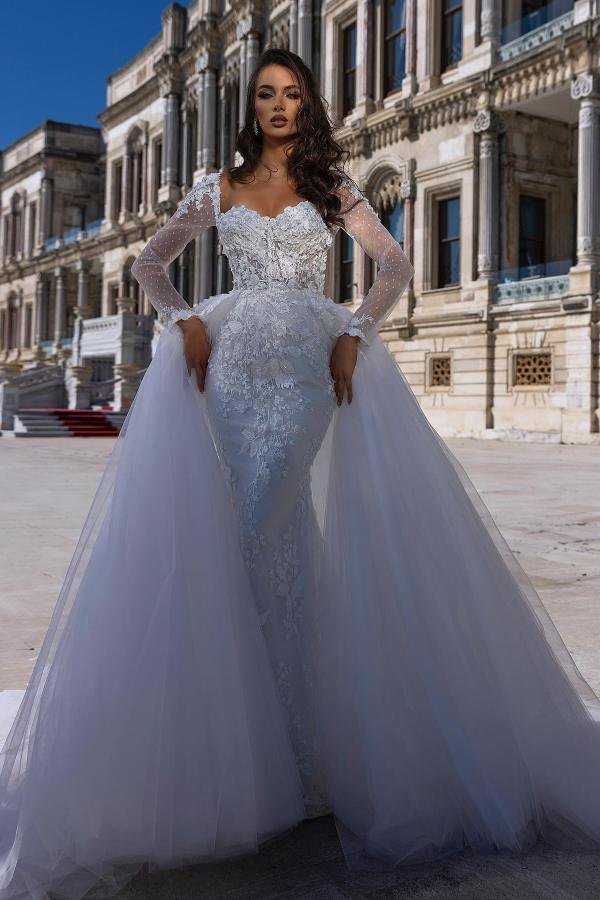 Graceful Sweetheart Lace Long Sleeves Mermaid Wedding Dress With Detachable Train | Ballbellas Ballbellas