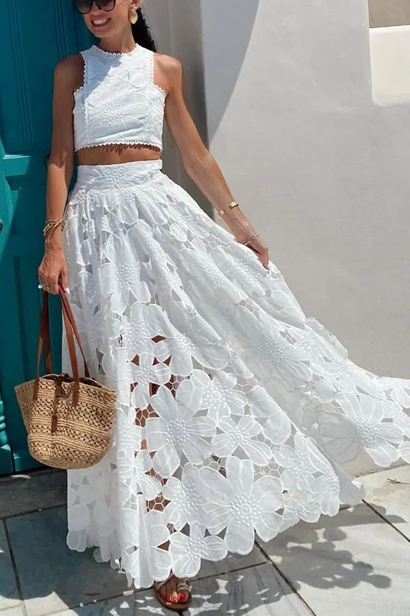 Next Trip Floral Embroidery Crochet Lace Crop Tank Top and Elastic Waist Pocket Maxi Skirt Set