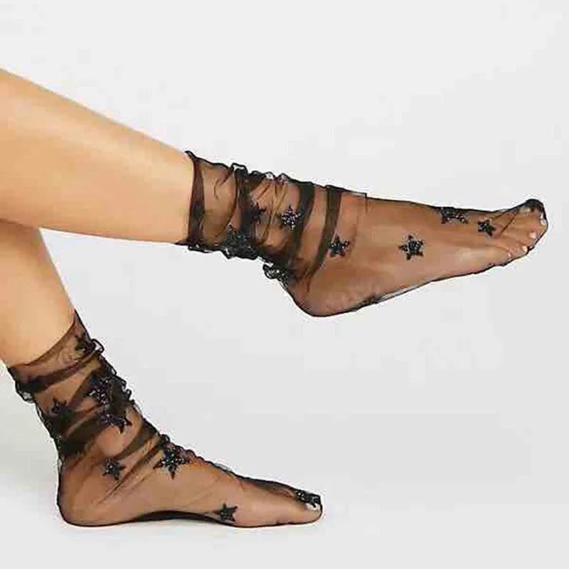 Glamour Glitter Star Women Mesh Socks Transparent Elastic Sheer Ankle Socks
