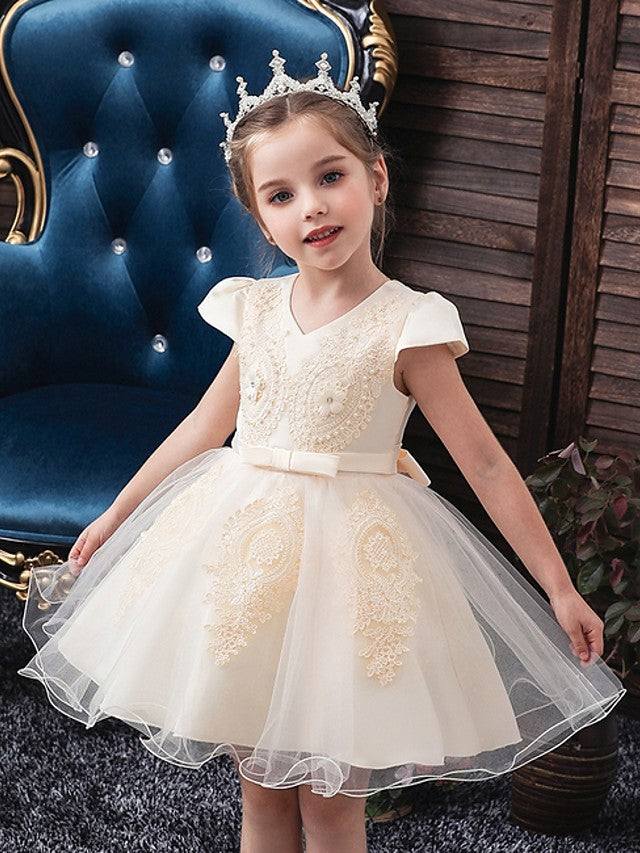 Oknass Ball Gown Short Sleeve V Neck Flower Girl Dresses Tulle  With Sash  Ribbon  Bow Appliques