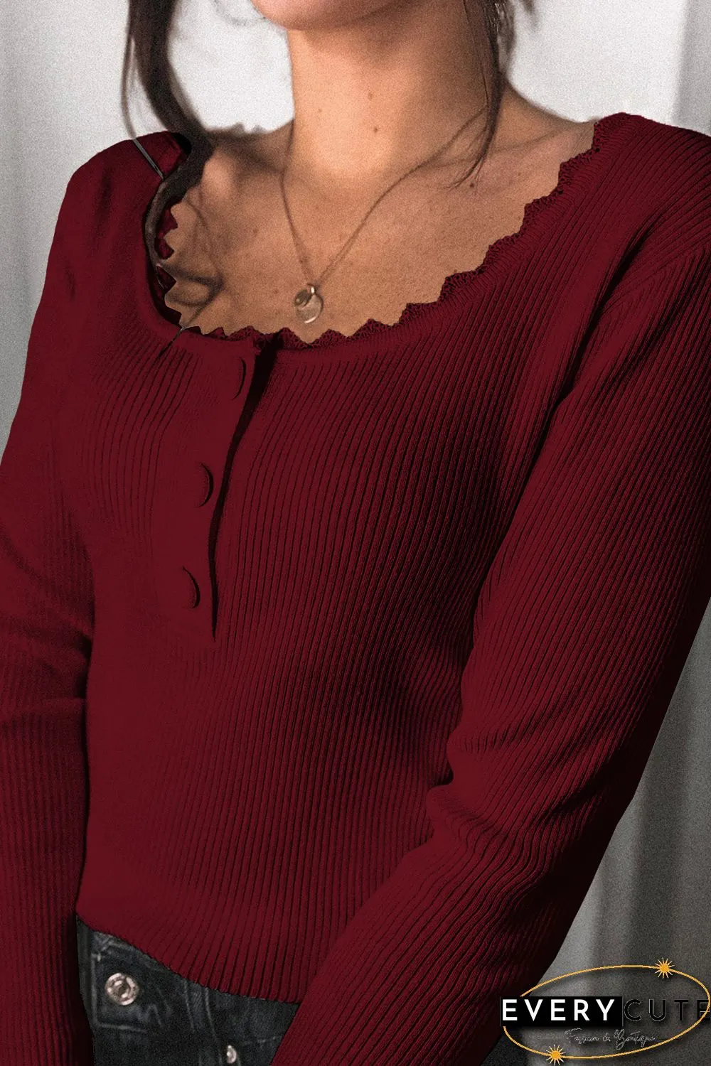 Wine Red Lace Knitted Buttoned Long Sleeve Sweater