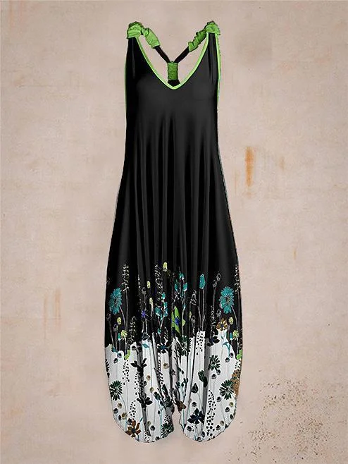 Women Summer Black Floral Pattern Sleeveless Harem Jumpsuit