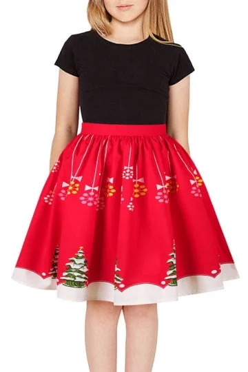 Girls Christmas Tree Print Skirt Red-elleschic