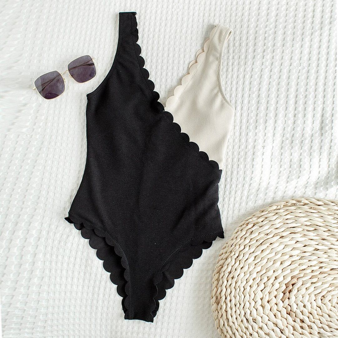 Sexy One Piece Swimsuit 2022 Women Red Black Patchwork Ruffle Swimwear Beach Bathing Suit Bandage Cross Backless Monokini