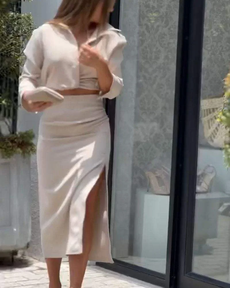 Solid Color Shirt Top Split Skirt Two Piece Set