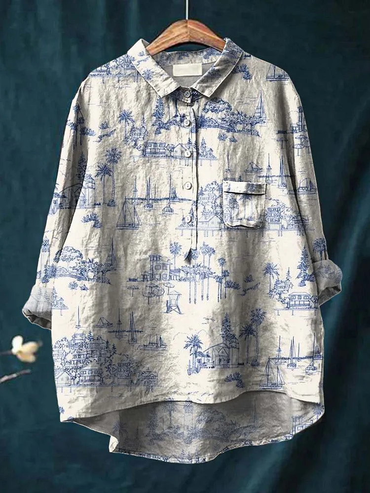 Womens Blue Simple Drawing Landscape Print Casual Cotton And Linen Shirt