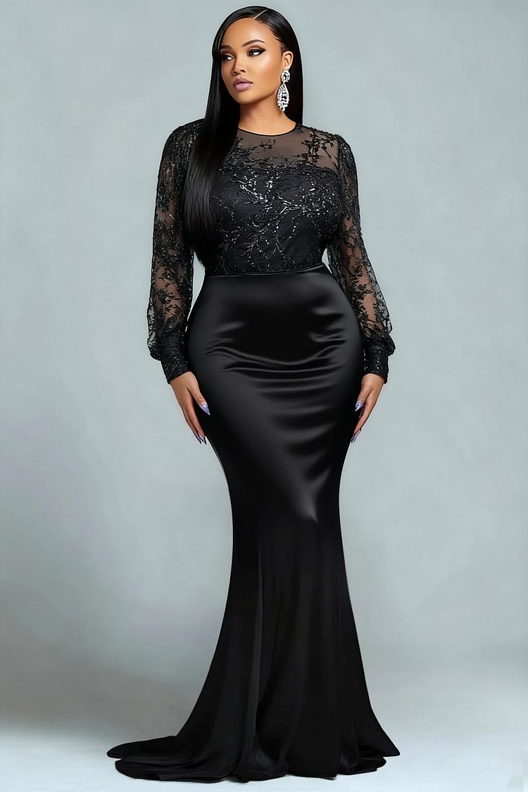 Xpluswear Design Plus Size Formal Sequin Black Round Neck Puff Sleeve Long Sleeve Mermaid Elegant See Through Satin Maxi Dresses [Pre-Order]
