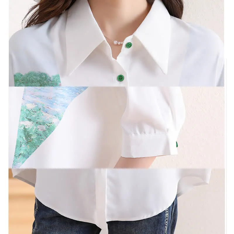 Chic Painting Print Chiffon Lapel Shirt Workwear