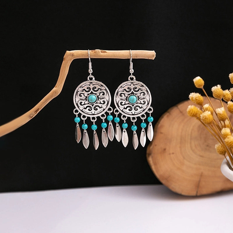 Bohemian Blue Turquoise National Style Earrings Imitation Miao Silver Metal Earrings Vintage Tassel Earrings