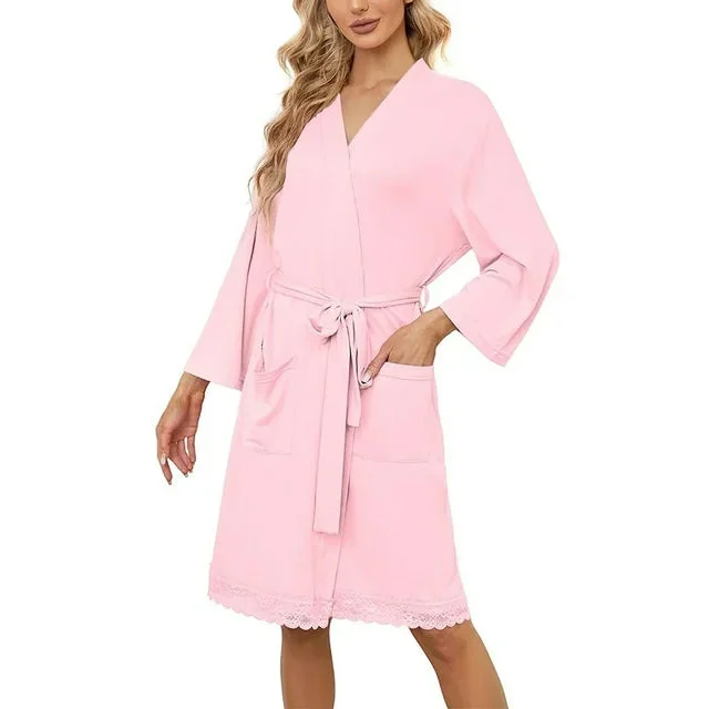 LYCY Womens Robes, Lightweight Short Bathrobe 3/4 Sleeves Lace Soft Sleepwear Ladies Loungewear, (Light Pink, Medium)