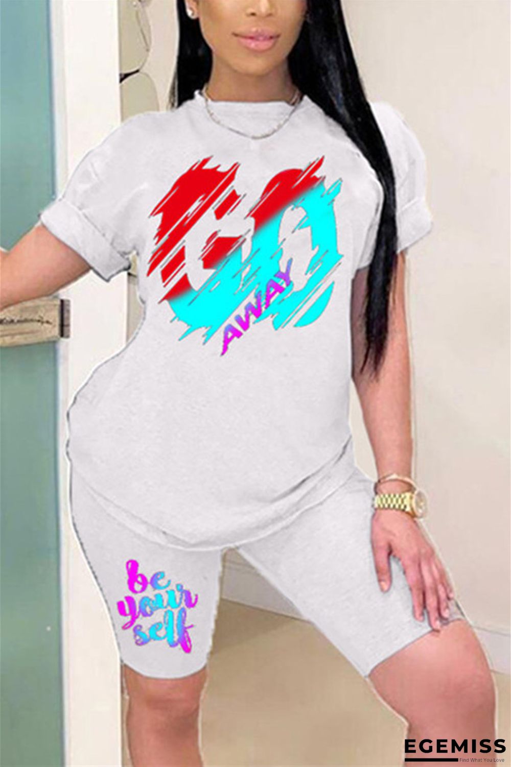 White Milk Silk Fashion Casual adult Ma'am Print Two Piece Suits Straight Short Sleeve Two Pieces | EGEMISS