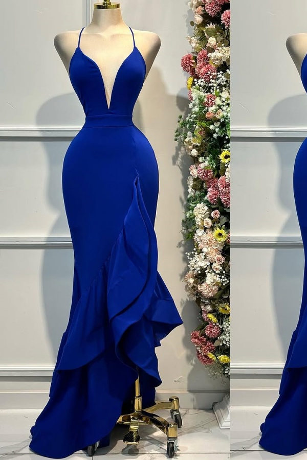 V-Neck Royal Blue Ruffles Backless Prom Dress | ZT0461