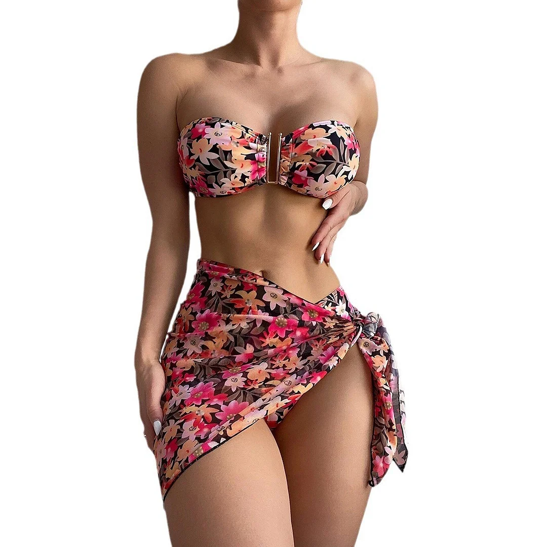 Wongn Wongn Swimsuit Female Split Metal U Bikini BIKINI Three-Piece Print Swimsuit