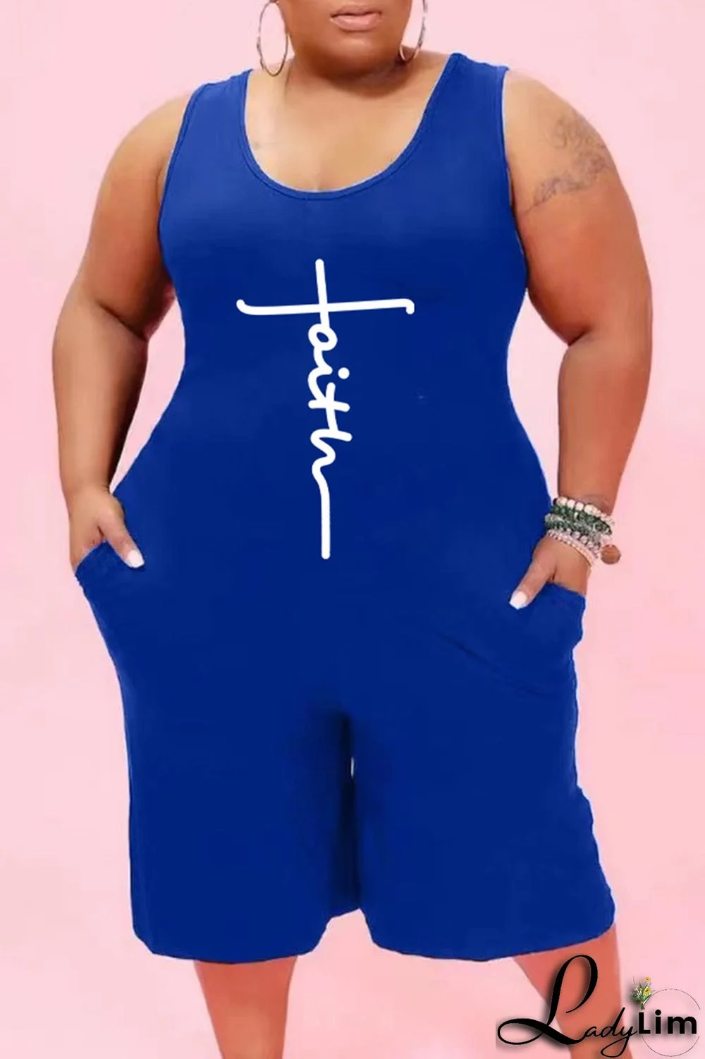 Blue Fashion Casual Print Basic O Neck Plus Size Jumpsuits