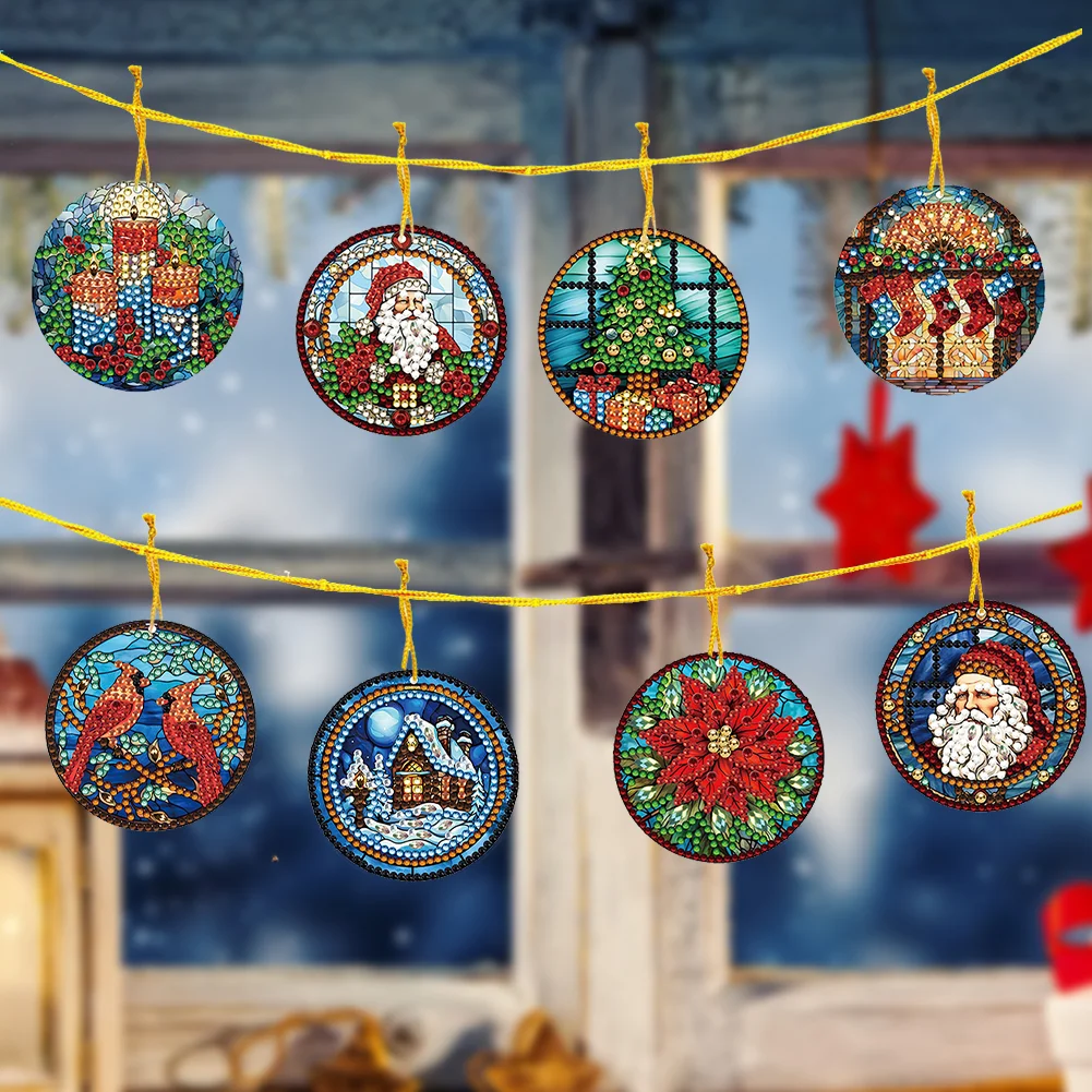 8pcs DIY Christmas Acrylic Single-Sided Small Diamond Painting Hanging Pendant 