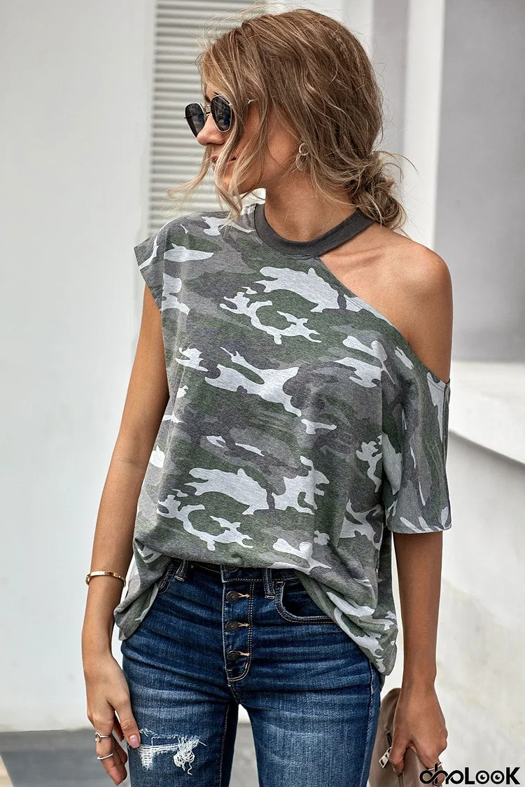 Camouflage Pattern Cut out Shoulder T-shirt