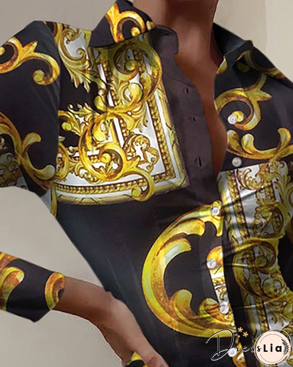 Scarf Print Buttoned Long Sleeve Shirt Dress