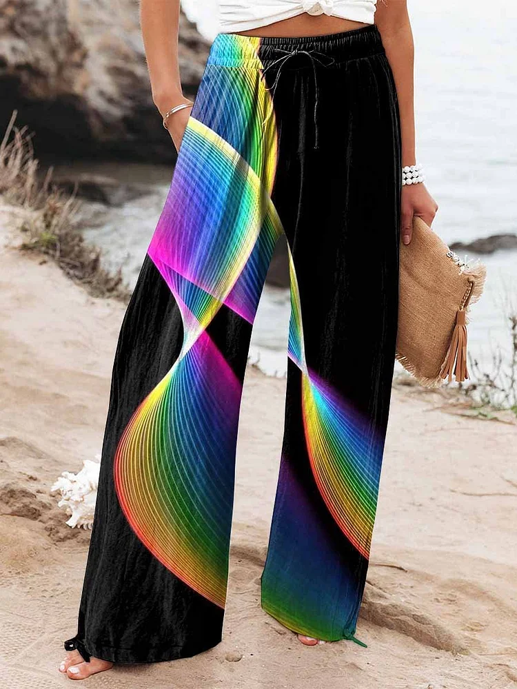 Women's Colorful Gradient Line Curl Print Cotton And Linen Casual Pants