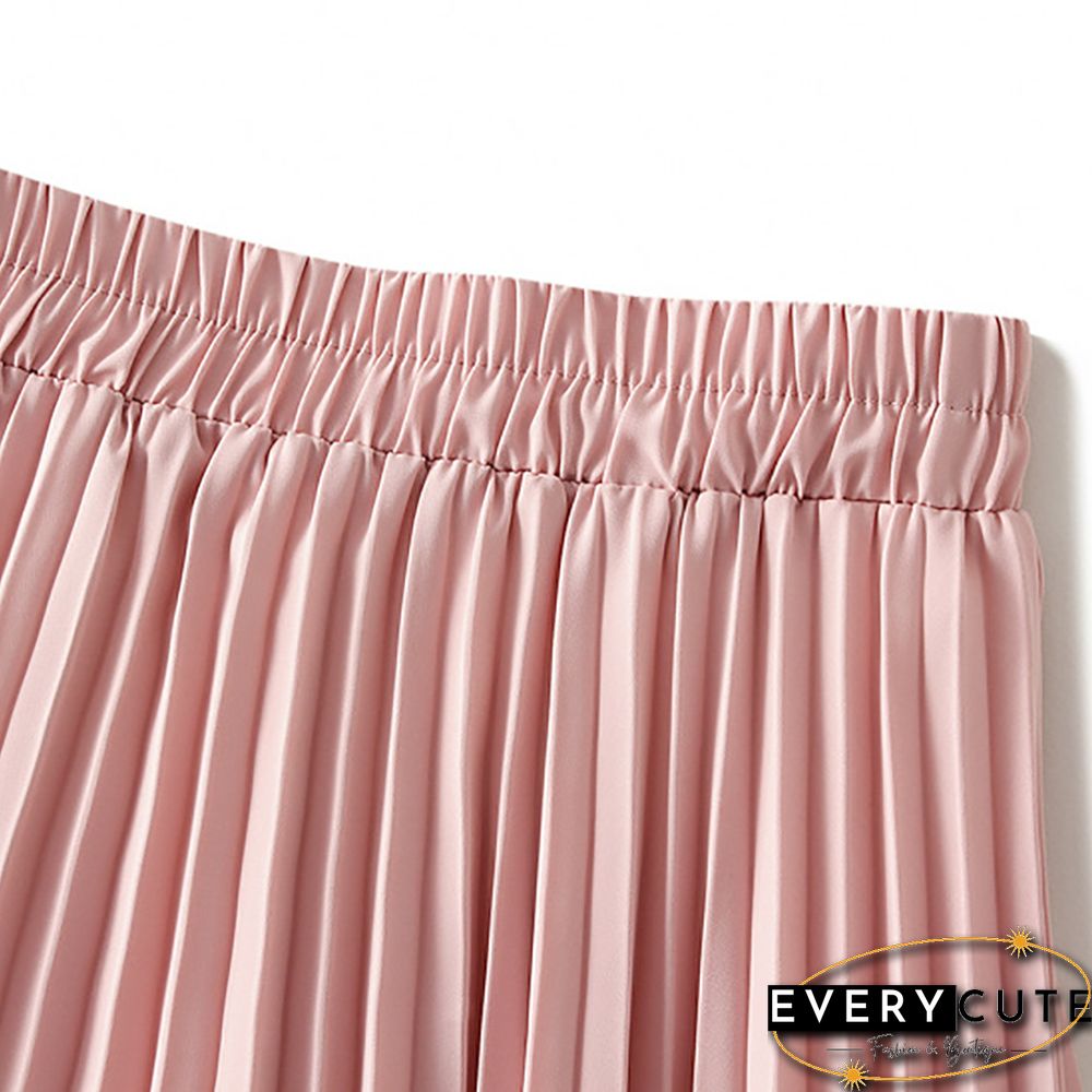 Pink Elastic Waist A-line Pleated Maxi Skirt