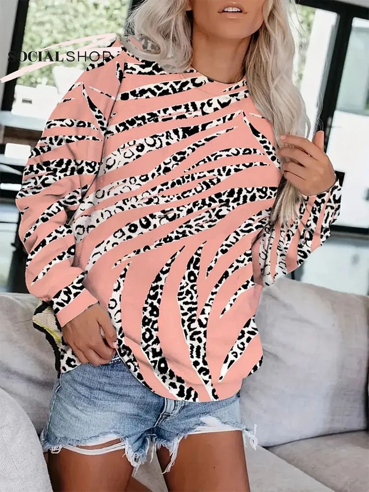 Women's Leopard Twill Long-Sleeved Round Neck Sweater socialshop