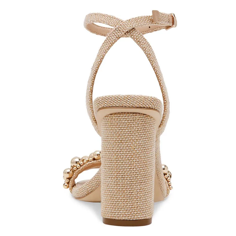 Beige Linen Open Toe Ankle Strap High Heels Sandals with Beads
