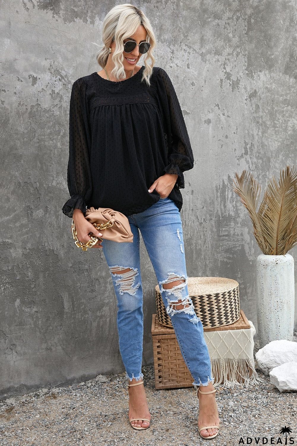 Swiss Dot Hollow Out Ruffle Sleeve Blouse