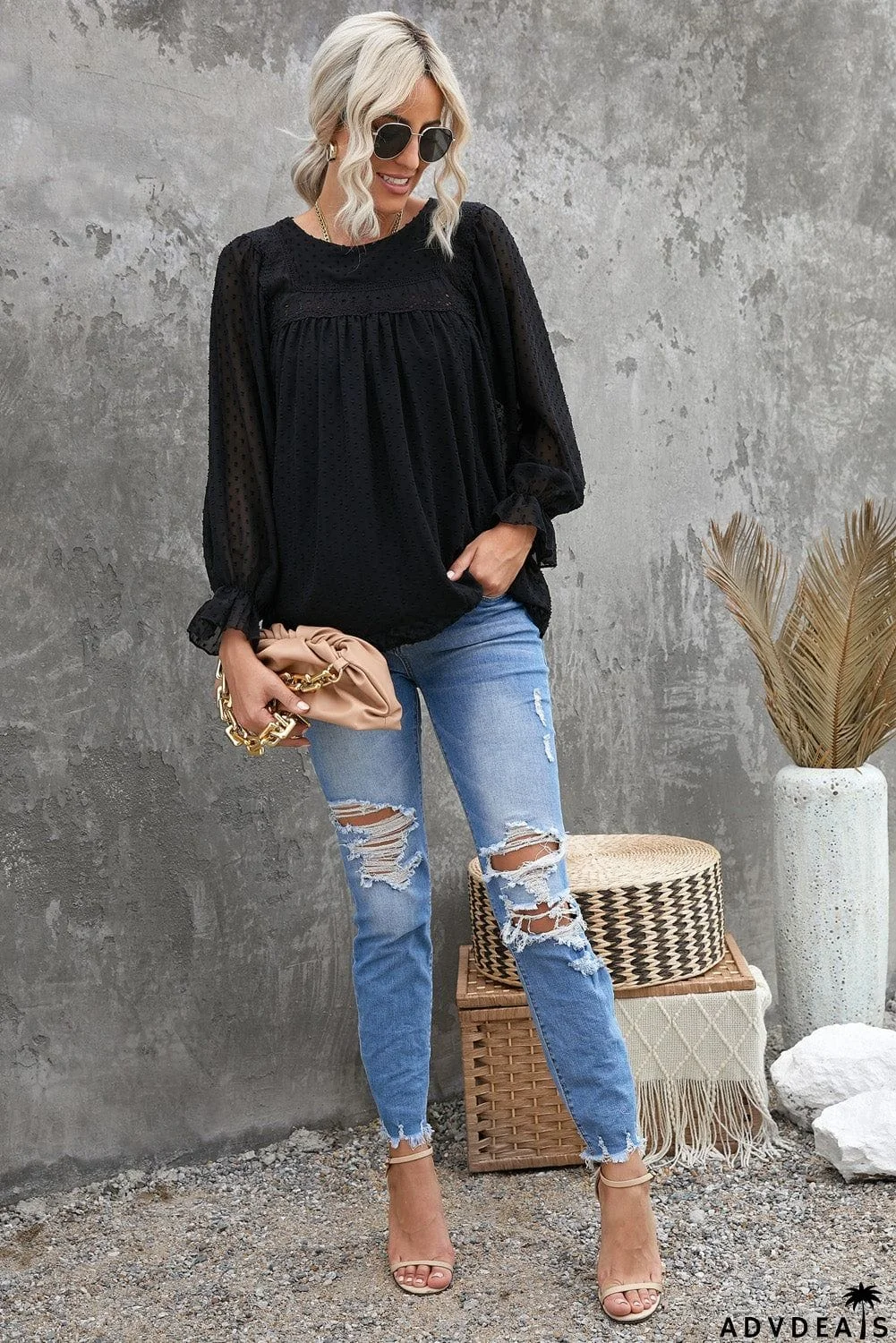 Swiss Dot Hollow Out Ruffle Sleeve Blouse