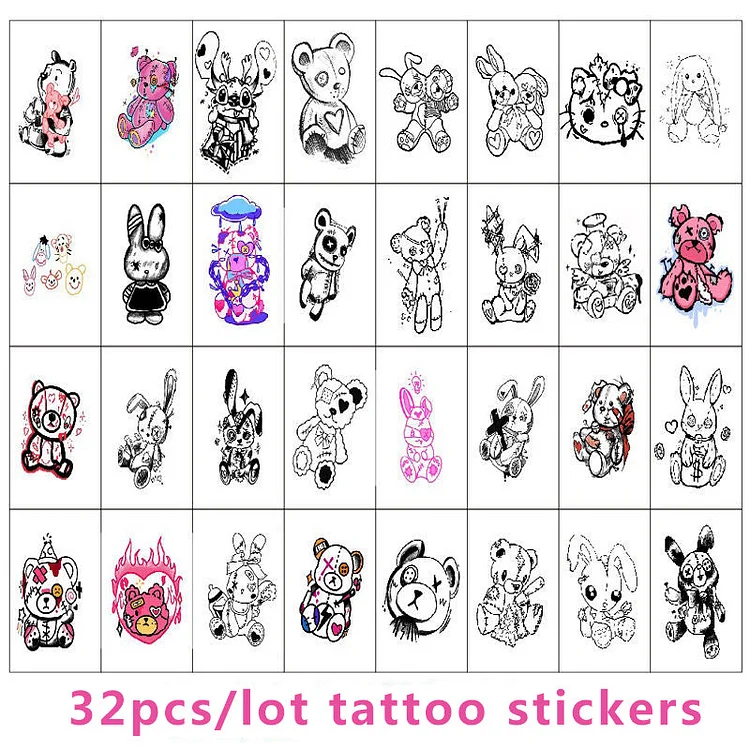 30pcs/ Kawaii Goth Bear & Bunny Temporary Tattoo - Gotamochi Kawaii Shop, Kawaii Clothes